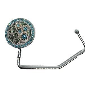 BLING FLORAL PURSE BAG HOOK HOLDER AQUA CRYSTAL FOLDING HANDBAG TABLE HANGER
